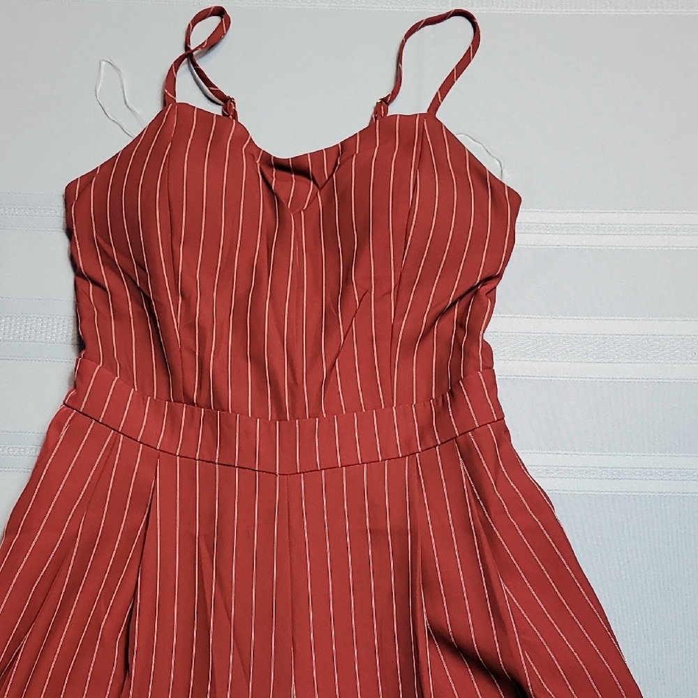 Elegant Rust Striped Jumpsuit With Pockets